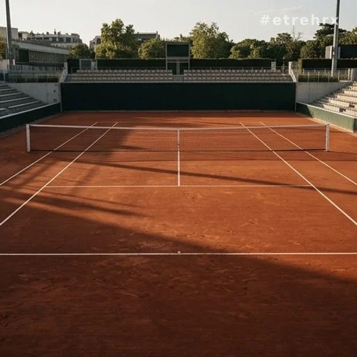Court en terre battue de Roland-Garros sous une lumière de fin de journée