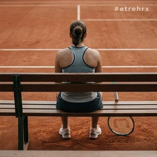 Joueuse de tennis de dos sur un banc en bord de court, moment d'émotion sportive