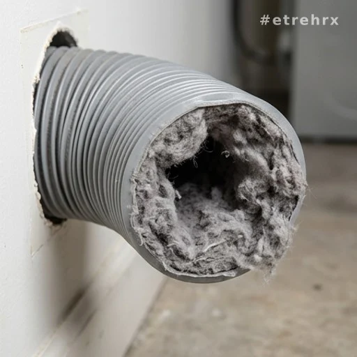 Conduit de sèche-linge bouché avec amas de peluches compactées visibles à l'intérieur