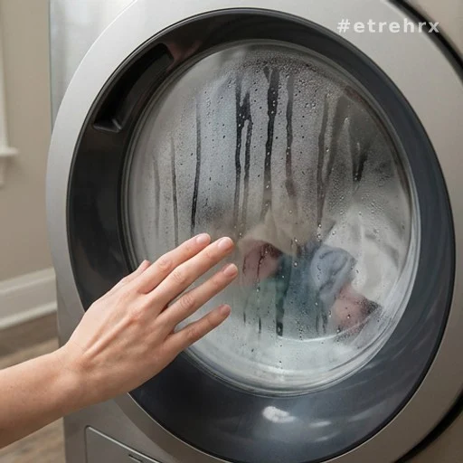 Main posée sur la porte chaude d'un sèche-linge avec condensation sur le hublot