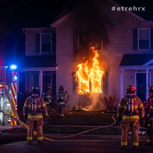 Intervention de pompiers lors d'un incendie domestique résidentiel de nuit