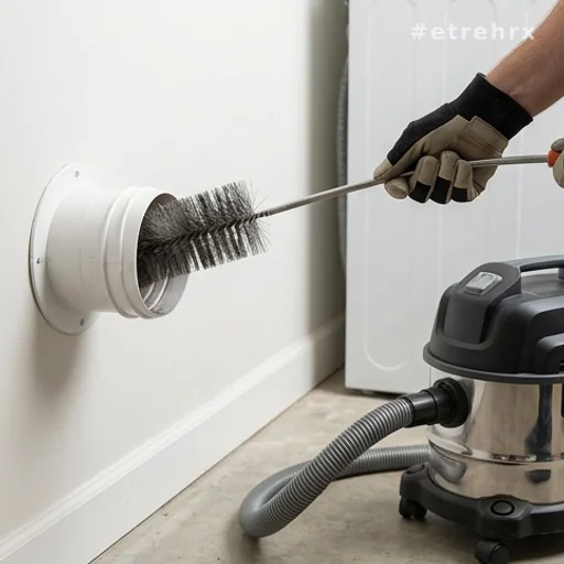 Brosse de nettoyage introduite dans un conduit d'évacuation de sèche-linge mural