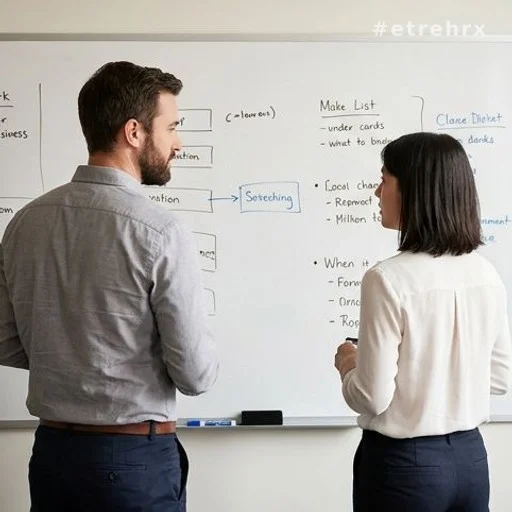 Deux collègues collaborant devant un tableau en cherchant une solution commune