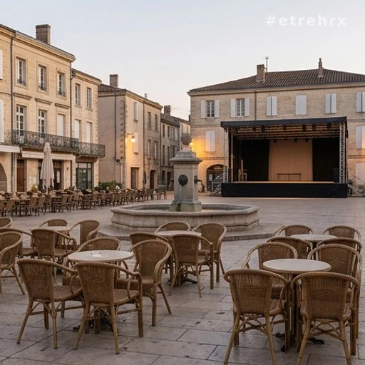 Place de village française vide le soir du 14 juillet sans feu d'artifice
