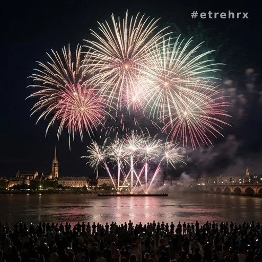 Feu d'artifice du 14 juillet tiré au-dessus d'un fleuve dans une grande ville française
