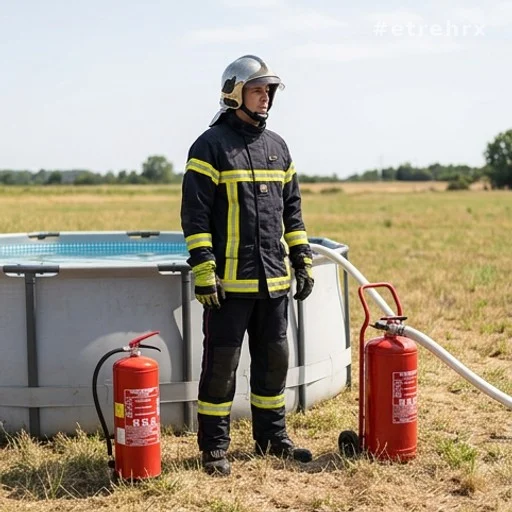 Pompier avec extincteur et citerne d'eau lors d'un contrôle de sécurité incendie en été