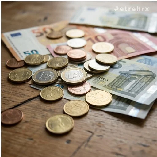Pièces et billets en euros sur une table, seuil de pauvreté en France