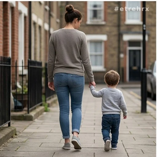Mère et enfant de dos dans un quartier modeste, familles monoparentales et pauvreté