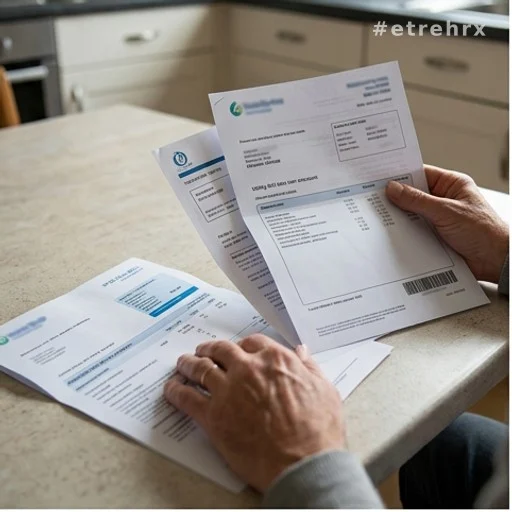Mains tenant une fiche de paie et une facture d'énergie, pouvoir d'achat et pauvreté