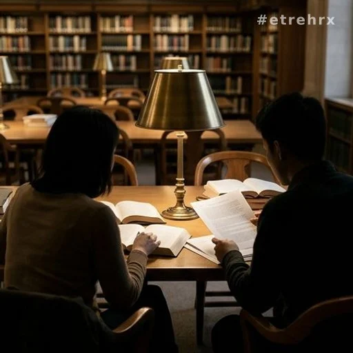 Deux silhouettes de dos dans une bibliothèque universitaire éclairée à la lampe