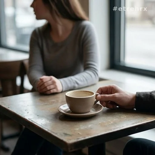 Deux mains sur une table de café, une tasse non touchée, distance entre deux personnes