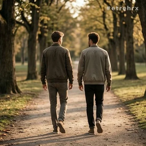 Deux amis de dos marchant côte à côte sur une allée arborée en lumière dorée