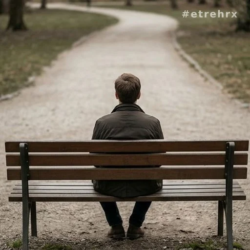 Personne seule de dos sur un banc de parc, chemin vide devant elle
