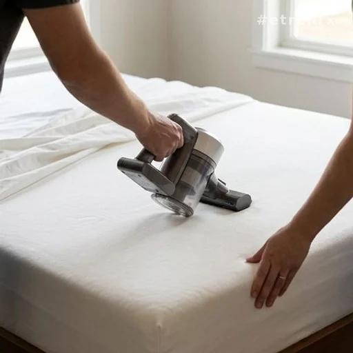 Aspiration d'un matelas blanc avec un aspirateur portable pour éliminer les acariens