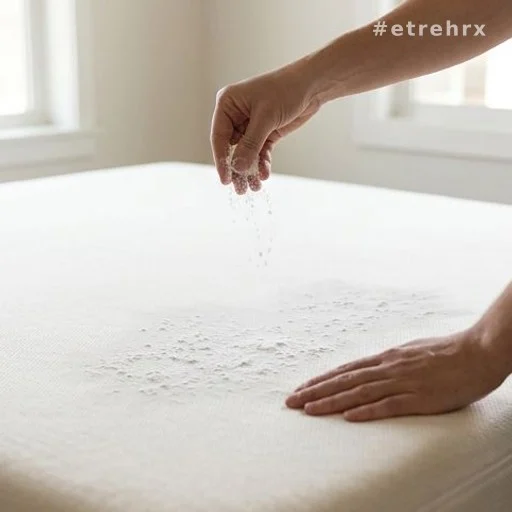Application de bicarbonate de soude sur un matelas pour neutraliser les odeurs