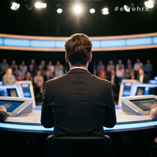 Candidat de dos à un pupitre de jeu télévisé sous les projecteurs du studio