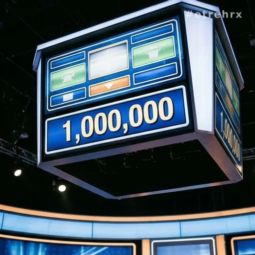 Tableau de scores lumineux affichant une somme record dans un studio de télévision