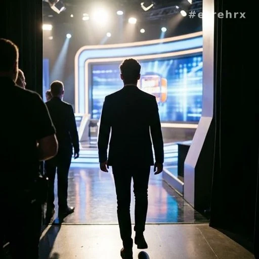 Silhouette d'un candidat quittant un plateau de télévision sous les projecteurs