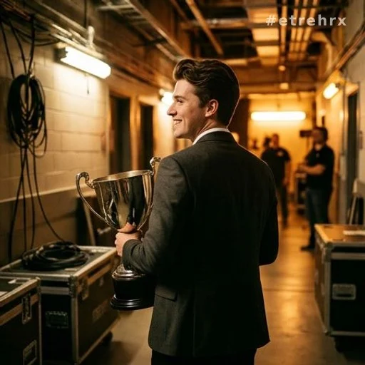 Jeune homme de dos tenant un trophée dans les coulisses d'un plateau de télévision