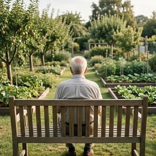 Homme âgé de dos dans un jardin potager, illustrant la retraite anticipée
