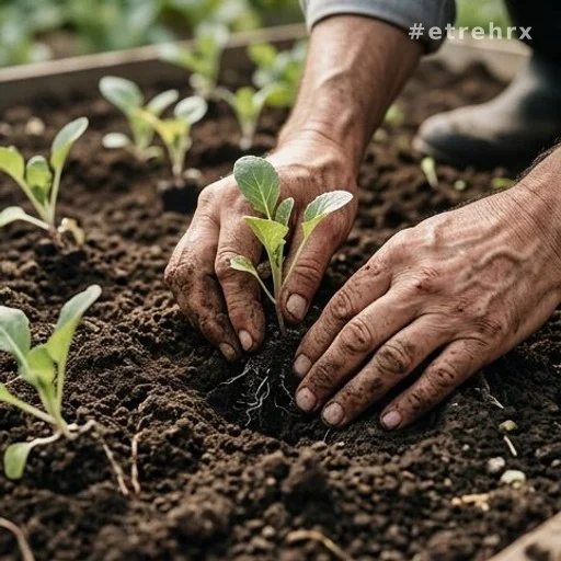 Mains plantant des semis dans un jardin, symbole de reconversion après la retraite