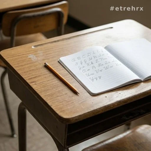 Vieux bureau scolaire avec un cahier d'écriture ouvert et un crayon