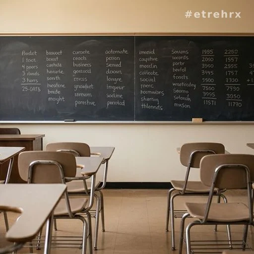 Salle de cours pour adultes avec tableau noir et inscriptions manuscrites