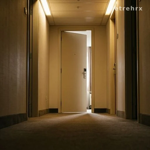 Couloir d'hôtel avec porte entrouverte, lumière tamisée, perspective basse
