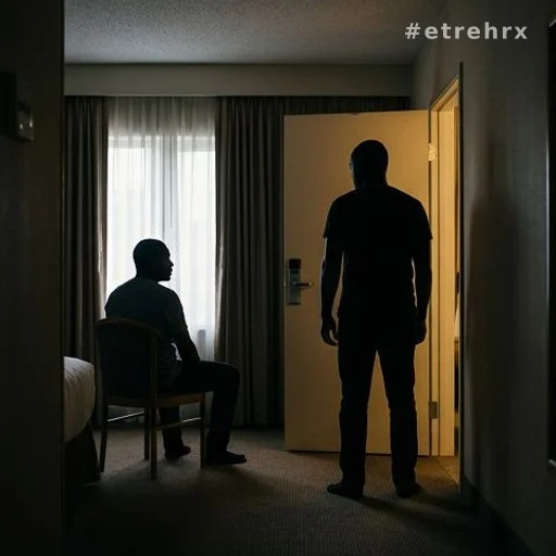 Deux silhouettes masculines de dos dans une chambre d'hôtel, lumière douce