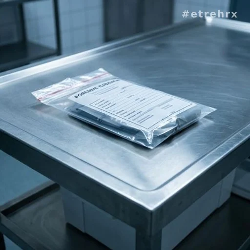 Sachet d'indices forensiques sur une table d'examen médico-légale