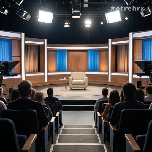 Plateau de télévision vide avec chaise d'invité sous les projecteurs