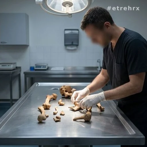 Technicien de laboratoire médico-légal manipulant des ossements pour analyse ADN