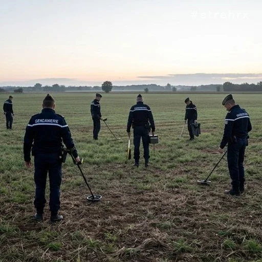 Gendarmes effectuant des fouilles dans un champ agricole du Tarn à l'aube