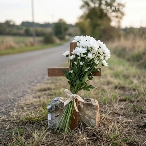 Bouquet de fleurs blanches déposé sur un mémorial au bord d'une route rurale