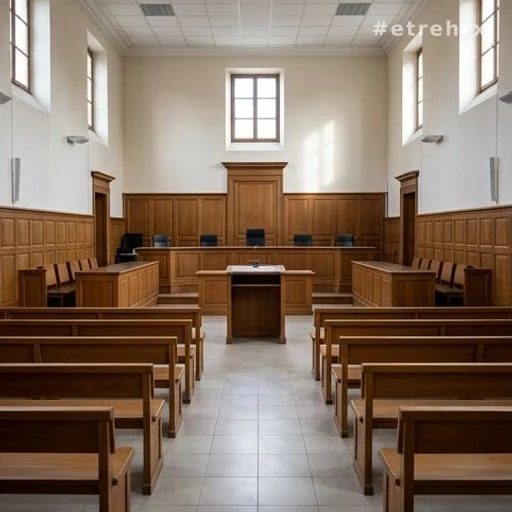 Salle d'assises française vide avant une audience, bancs en bois et estrade visible