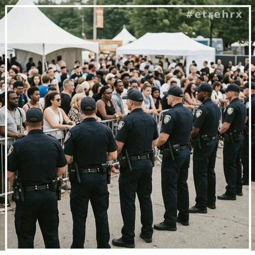 Forces de l'ordre de dos lors d'un événement public en plein air
