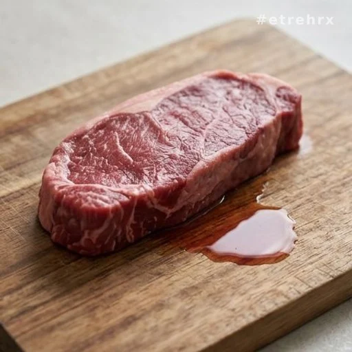 Steak de bœuf cru sur planche en bois avec jus rouge visible
