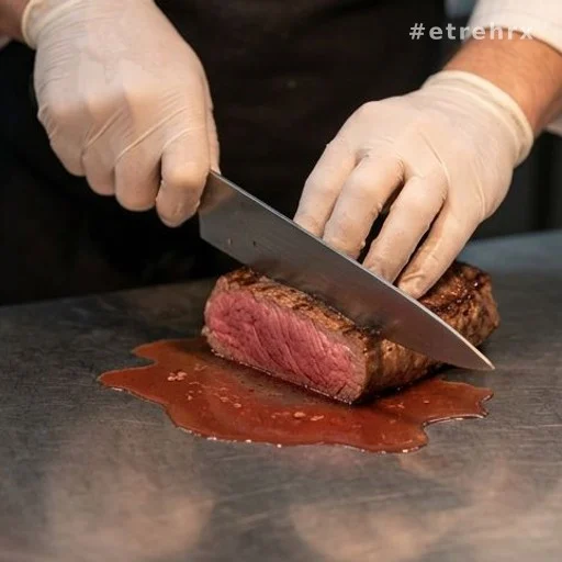 Mains de chef découpant un steak saignant avec jus rouge sur la planche