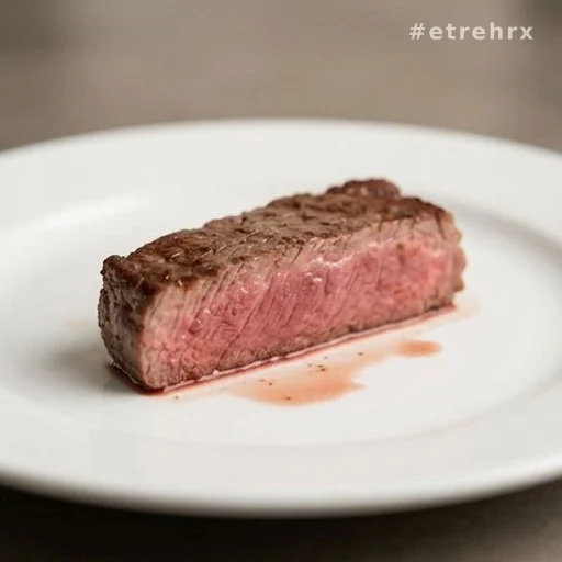 Tranche de steak cuit rosé à l'intérieur avec jus myoglobine visible