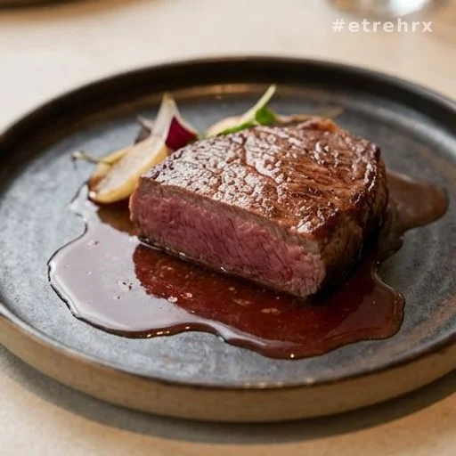 Steak saignant servi dans une assiette avec jus naturel et garniture simple