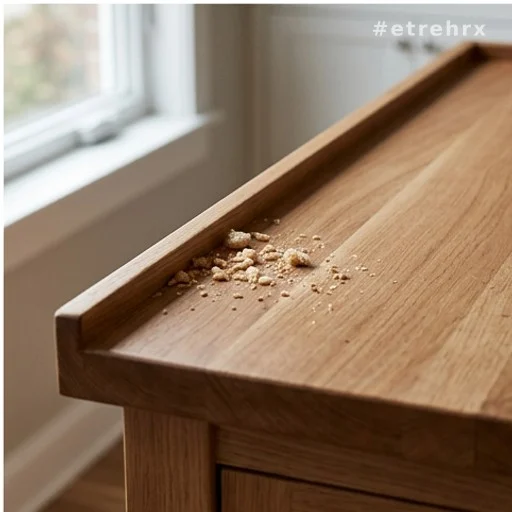 Rebord surélevé d'un îlot de cuisine retenant des miettes de pain