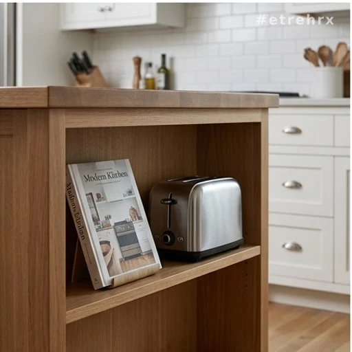 Niche latérale d'îlot de cuisine avec livre de recettes ouvert et petit électroménager
