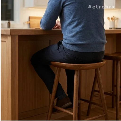 Personne assise sur un tabouret devant un îlot de cuisine avec espace pour les genoux