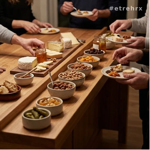 Îlot de cuisine transformé en bar à partage avec fromages et condiments pour recevoir