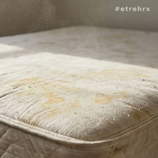 Surface de matelas avec taches jaunâtres et poussière visible, problème d'acariens literie