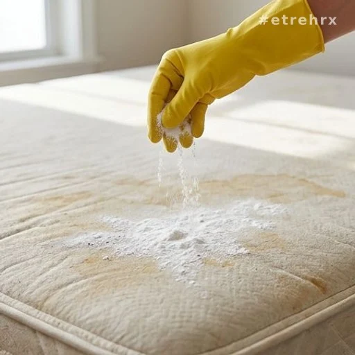 Main avec gant saupoudrant du bicarbonate de soude sur un matelas pour nettoyage en profondeur