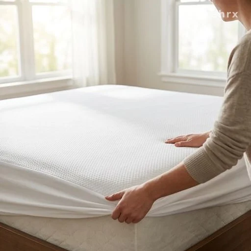 Pose d'un protège-matelas lavable blanc sur un matelas pour entretien hygiène du sommeil