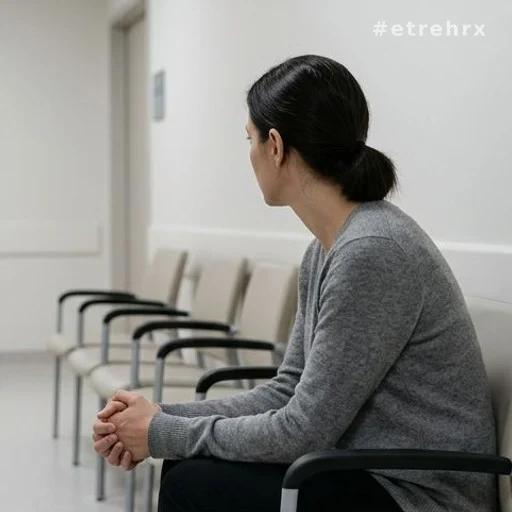 Femme de dos dans une salle d'attente d'hôpital, évoquant l'attente et l'inquiétude