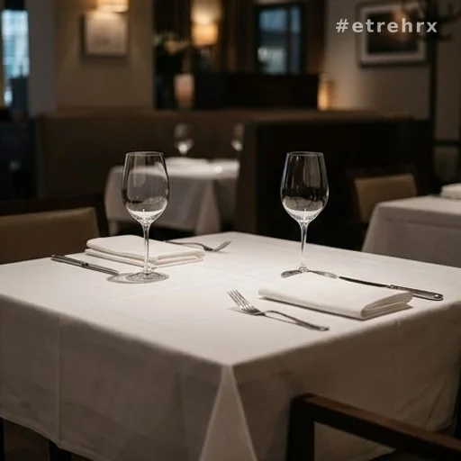 Table de restaurant vide dressée pour deux, lumière tamisée, lieu d'une proposition menaçante