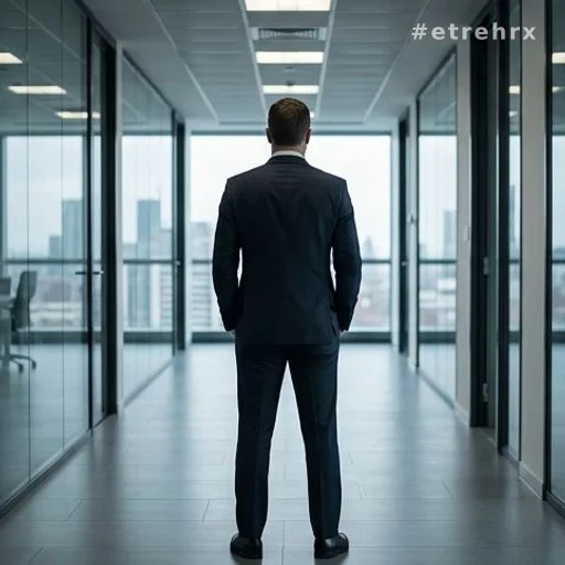 Silhouette d'un homme en costume dans un couloir de bureau, évoquant l'abus de pouvoir